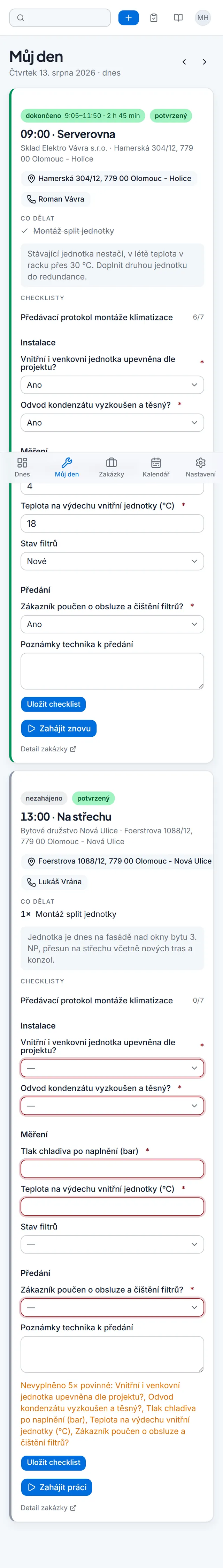 Můj den technika v mobilu: zakázka, adresa, kontakt a checklist předávacího protokolu